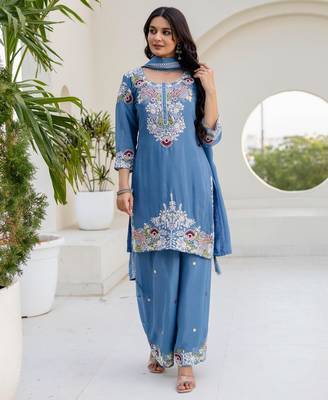 Sky-blue silk blend embroidered palazzo set 2