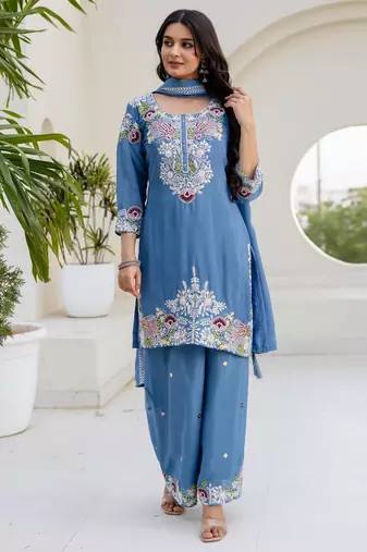 Sky-blue silk blend embroidered palazzo set