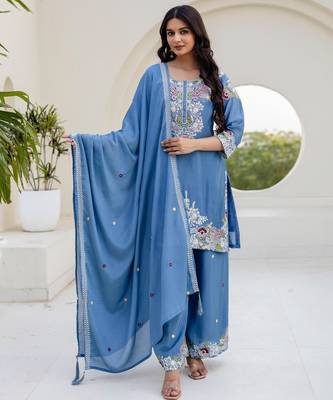 Sky-blue silk blend embroidered palazzo set 3