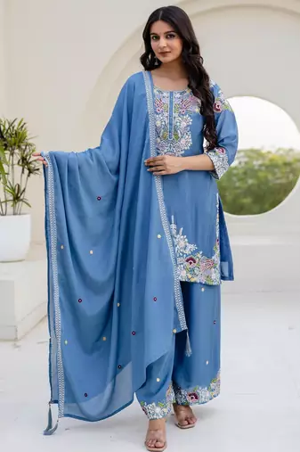 Sky-blue silk blend embroidered palazzo set