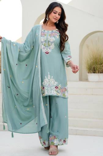 Light-green silk blend embroidered palazzo set