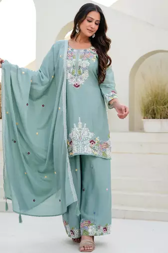 Light-green silk blend embroidered palazzo set