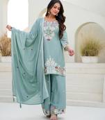 Light-green silk blend embroidered palazzo set