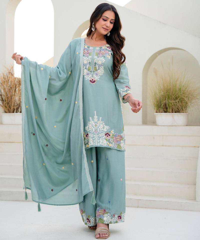 Light-green silk blend embroidered palazzo set