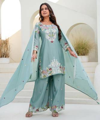Light-green silk blend embroidered palazzo set 2