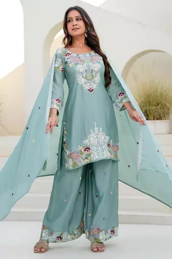 Light-green silk blend embroidered palazzo set