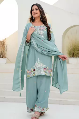 Light-green silk blend embroidered palazzo set
