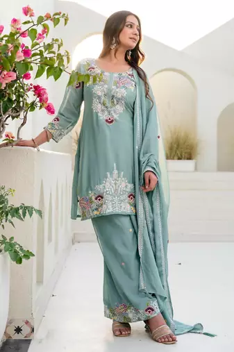 Light-green silk blend embroidered palazzo set