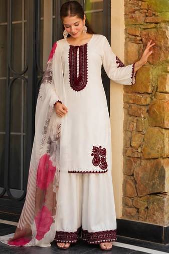 Off-white cotton poly embroidered plazzo set