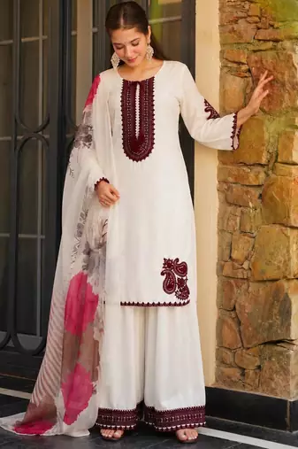 Off-white cotton poly embroidered plazzo set