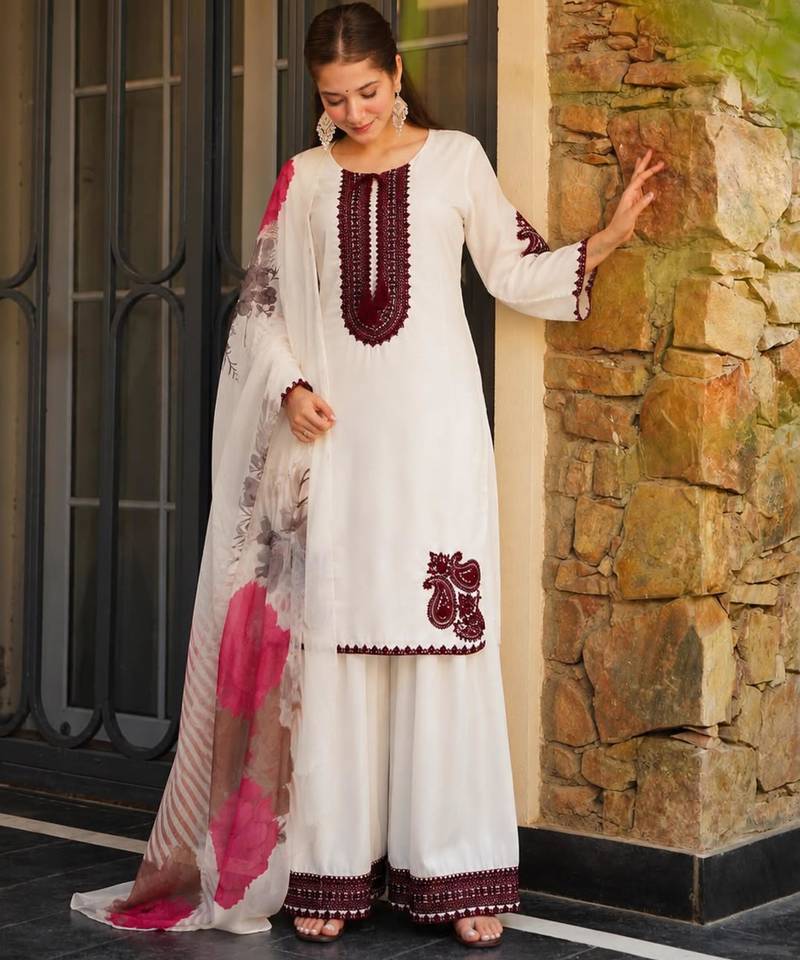 Off-white cotton poly embroidered plazzo set