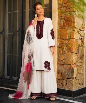 Off-white cotton poly embroidered plazzo set 2