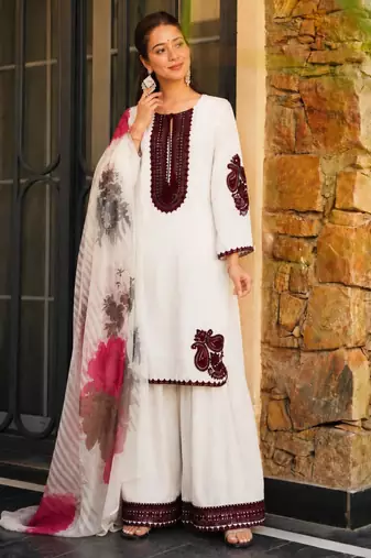 Off-white cotton poly embroidered plazzo set