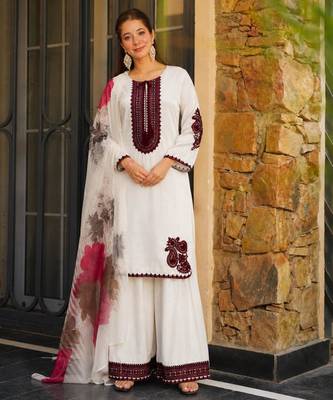 Off-white cotton poly embroidered plazzo set 4