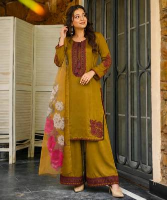 Olive cotton poly embroidered plazzo set 1