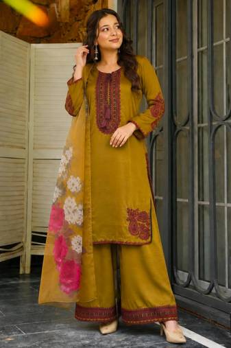 Olive cotton poly embroidered plazzo set