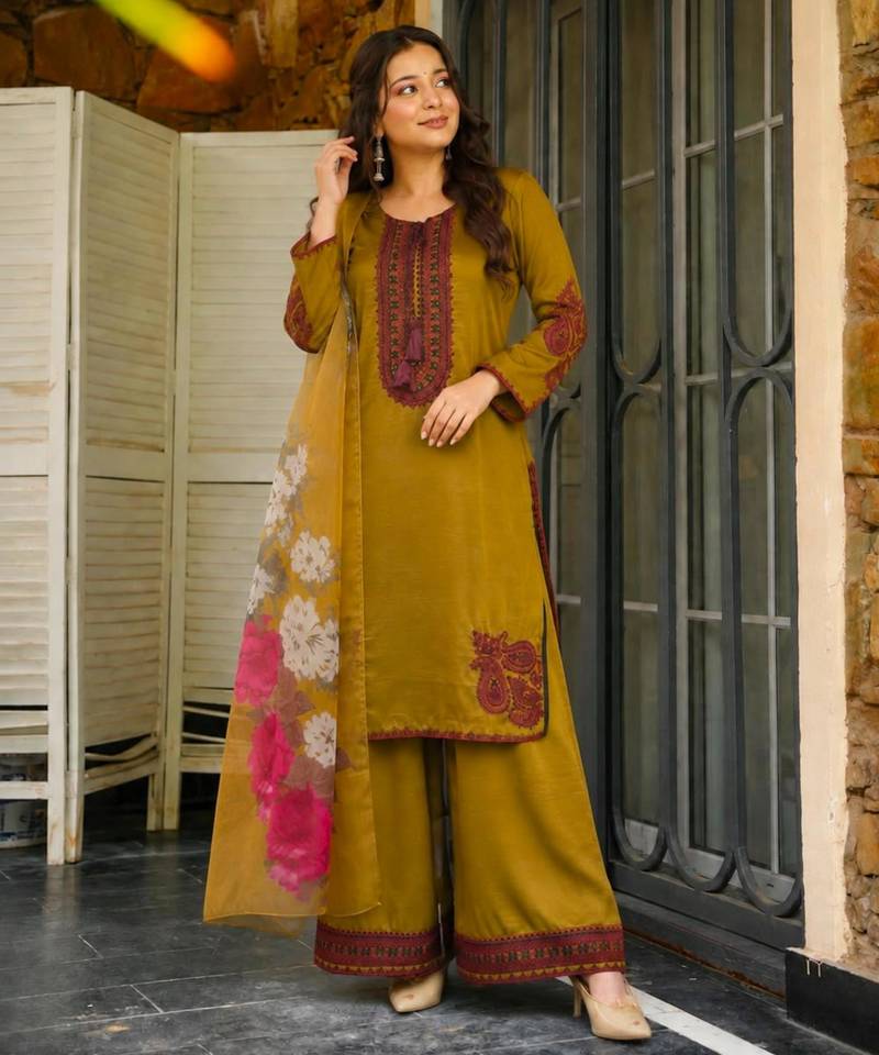 Olive cotton poly embroidered plazzo set