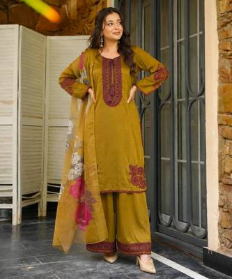 Olive cotton poly embroidered plazzo set 2