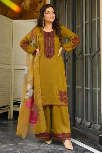 Olive cotton poly embroidered plazzo set