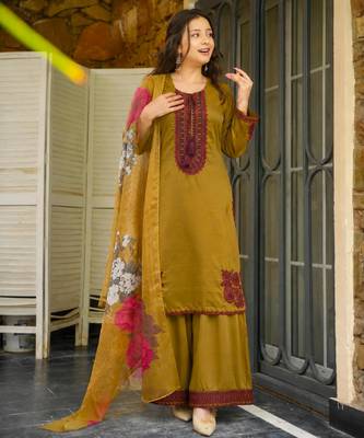 Olive cotton poly embroidered plazzo set 4