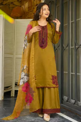 Olive cotton poly embroidered plazzo set