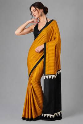 Mustard printed satin saree with blouse 4