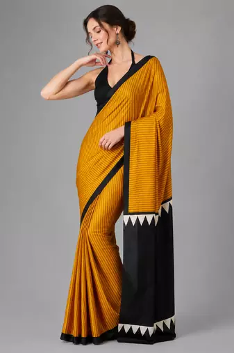 Mustard printed satin saree with blouse