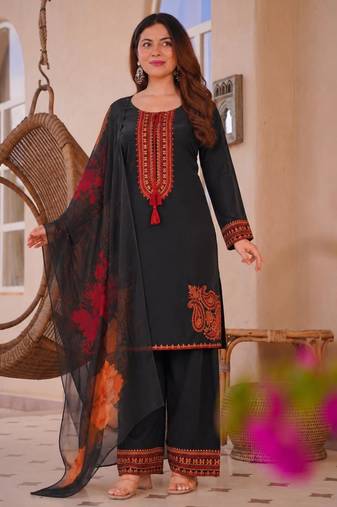 Black cotton poly embroidered plazzo set