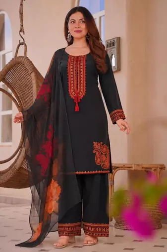 Black cotton poly embroidered plazzo set