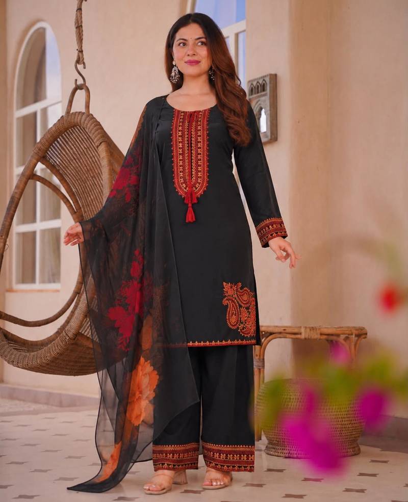 Black cotton poly embroidered plazzo set