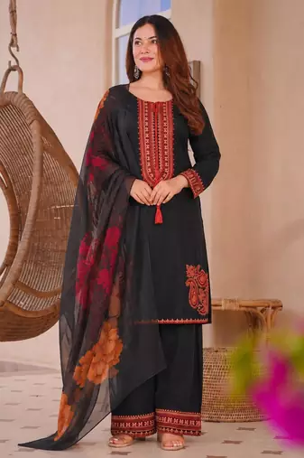 Black cotton poly embroidered plazzo set