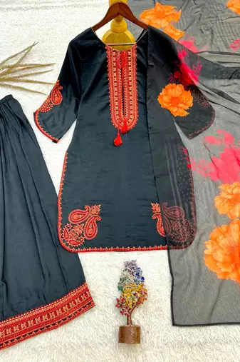 Black cotton poly embroidered plazzo set