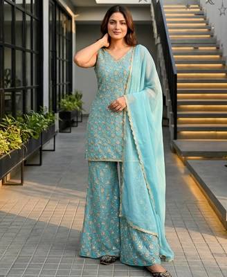 Aqua-blue georgette embroidered palazzo set 1