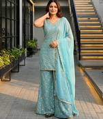 Aqua-blue georgette embroidered palazzo set
