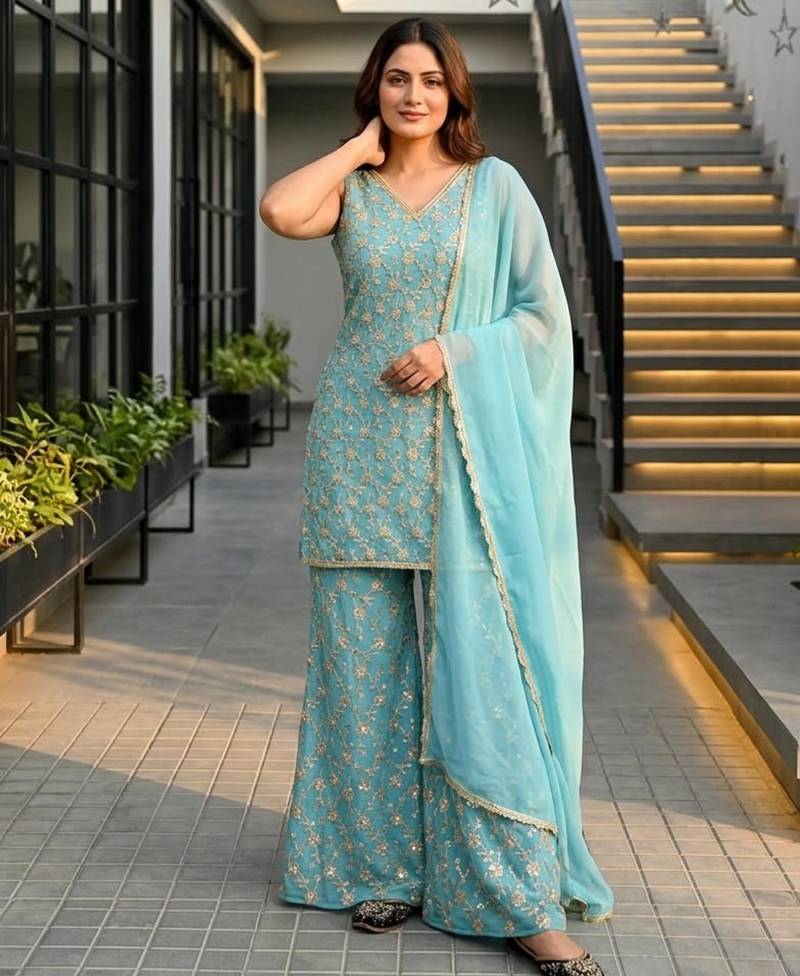 Aqua-blue georgette embroidered palazzo set