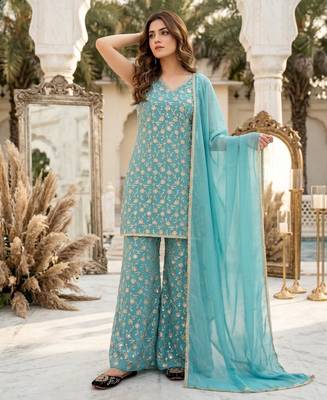 Aqua-blue georgette embroidered palazzo set 2