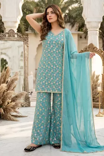 Aqua-blue georgette embroidered palazzo set