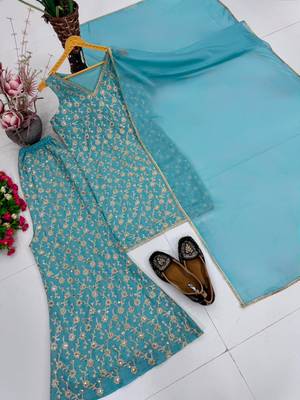 Aqua-blue georgette embroidered palazzo set 4