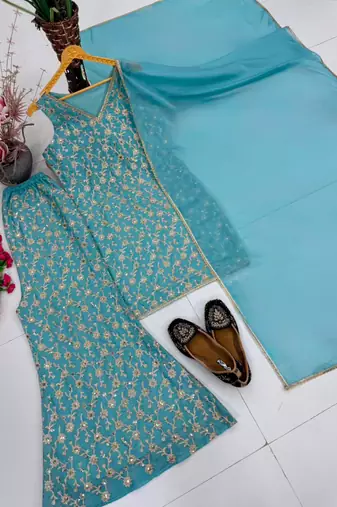 Aqua-blue georgette embroidered palazzo set