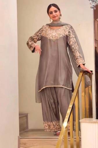 Grey silk blend embroidered palazzo set