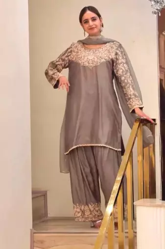 Grey silk blend embroidered palazzo set