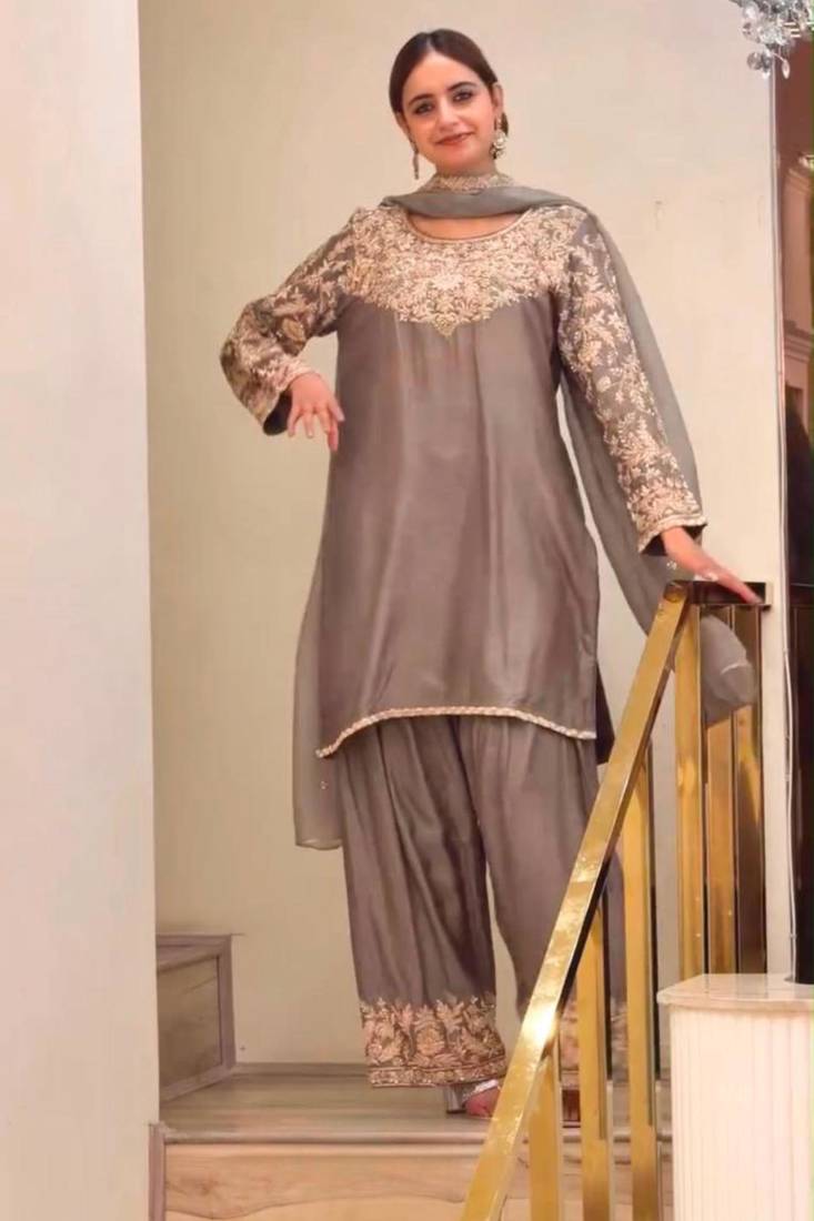 Grey silk blend embroidered palazzo set
