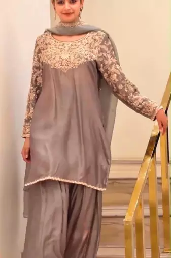 Grey silk blend embroidered palazzo set