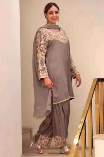 Grey silk blend embroidered palazzo set