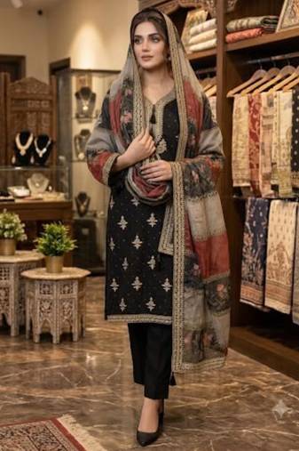Black chanderi embroidered kurta set
