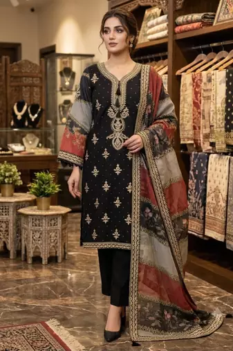 Black chanderi embroidered kurta set