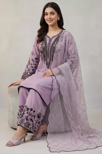 Lavender cotton poly embroidered palazzo set