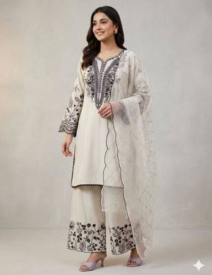 Off-white cotton poly embroidered palazzo set 1