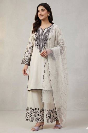 Off-white cotton poly embroidered palazzo set