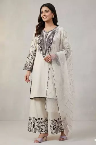 Off-white cotton poly embroidered palazzo set